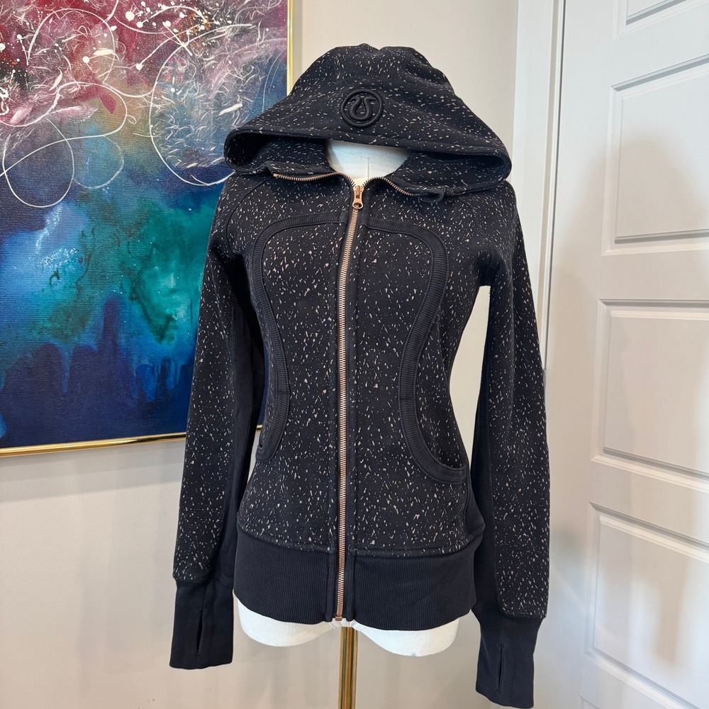 Lululemon Scuba Hoodie Full Zip Speckled Black Pink Rose Gold Zipper Size 4